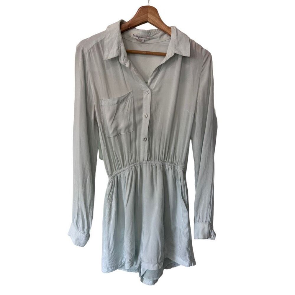 BCBGeneration Light Blue Sheer Open Back Long Sleeve Shirt Romper Size S